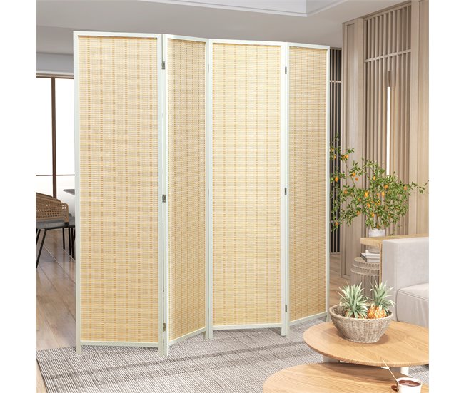 Biombo Separador Madera de Pino, Bambú HOMCOM, hogar - decoración Blanco