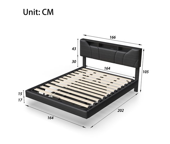 Cama doble hidráulica LED con USB y almacenamiento Gris