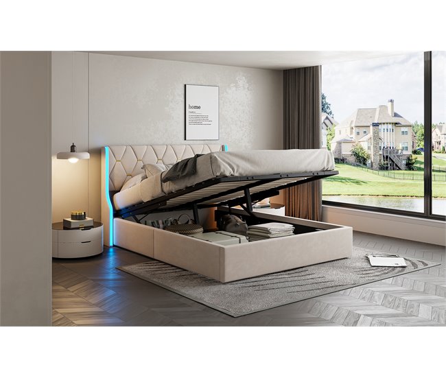Cama estofada, LED, espaço de armazenamento Beige