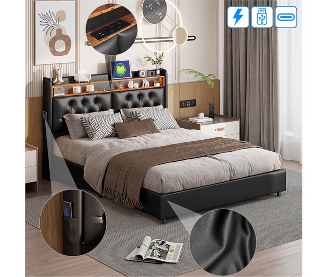 Cama con almacenamiento 200x140 Negro
