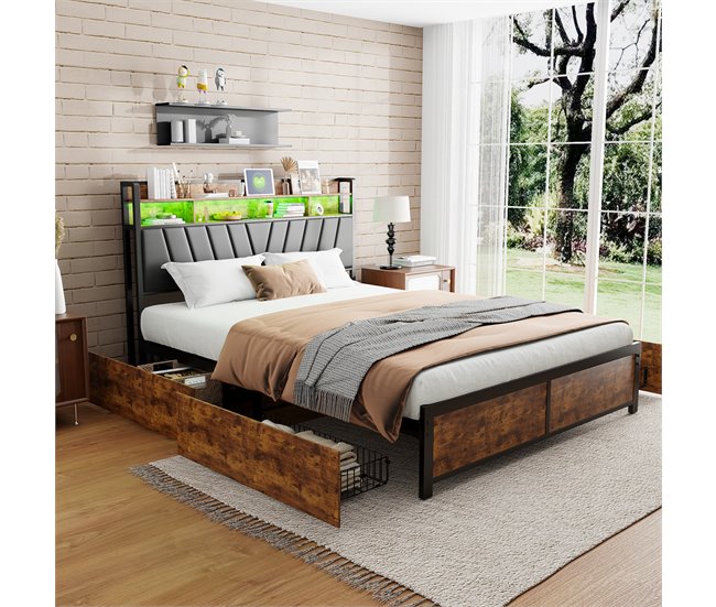Cama de metal, USB, LED, 4 cajones 160x217 Multicolor