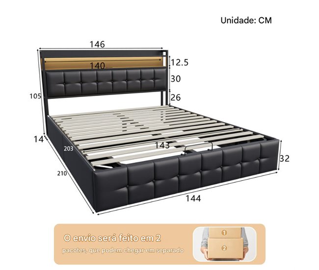 Cama doble con puerto USB, LED y almacenaje. Negro
