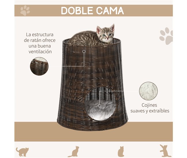 Cesta de Mimbre para Gatos Ratán PE, Metal y Poliéster PawHut Marron