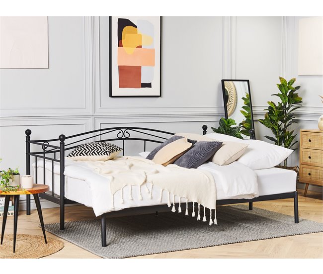 Beliani Cama con somier Metal TULLE 102x209 Negro
