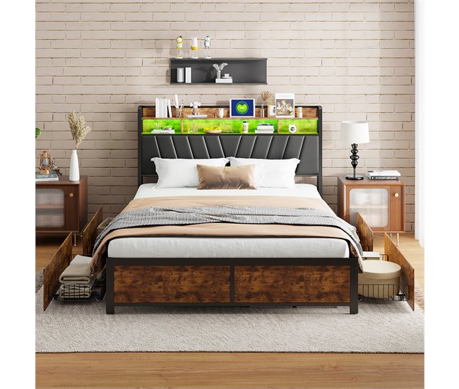 Cama de metal, USB, LED, 4 cajones 160x217 Multicolor