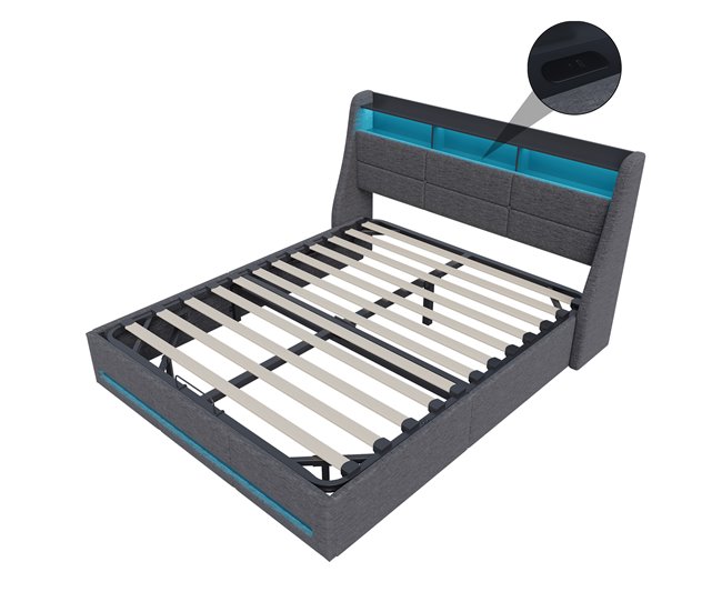 Cama doble, cama LED, USB 152x195 Gris