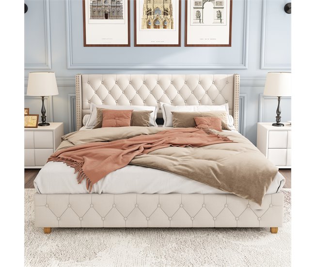 Cama de matrimonio de lino 149x195 Beige