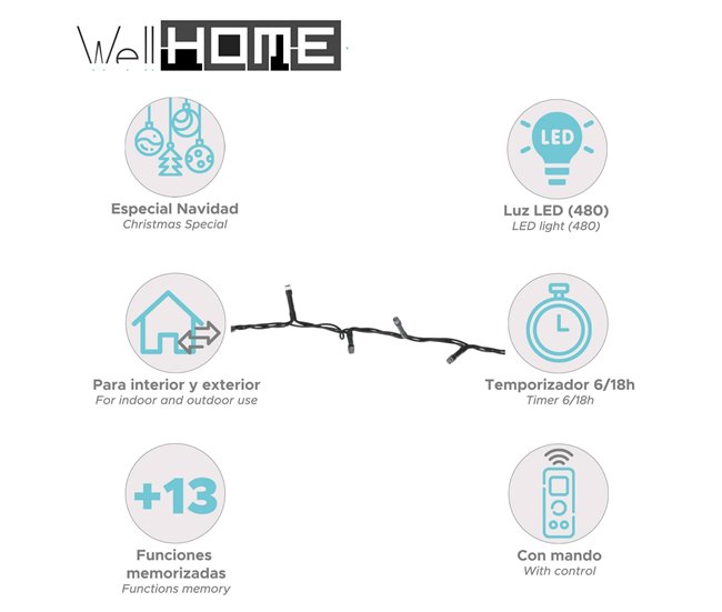 Guirnalda con 480 luces control remoto y Temporizador Negro