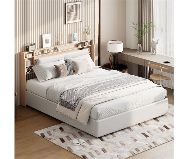 Cama tapizada doble juvenil con LED y almacenamiento hidráulico Blanco