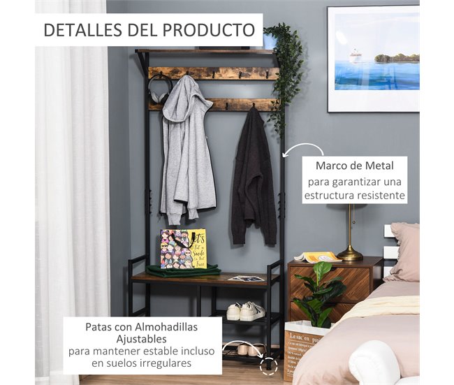 Perchero de Pie con Zapatero Melamina de Madera, Metal HOMCOM Negro