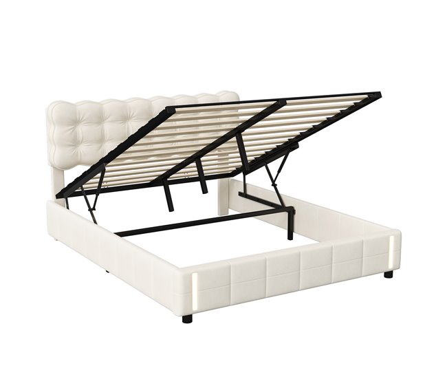 Cama tapizada, luces LED, espacio de almacenamiento Beige