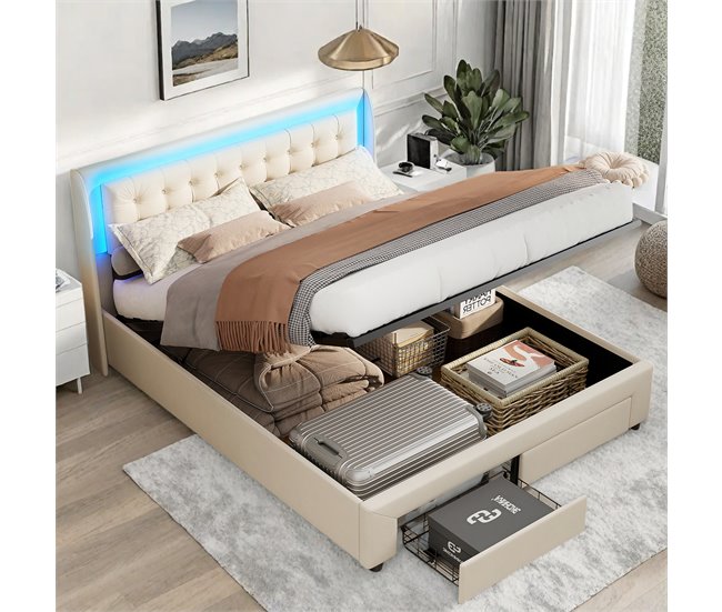 Cama, cajón, LED, USB, bolsa de almacenamiento. 185x203 Beige