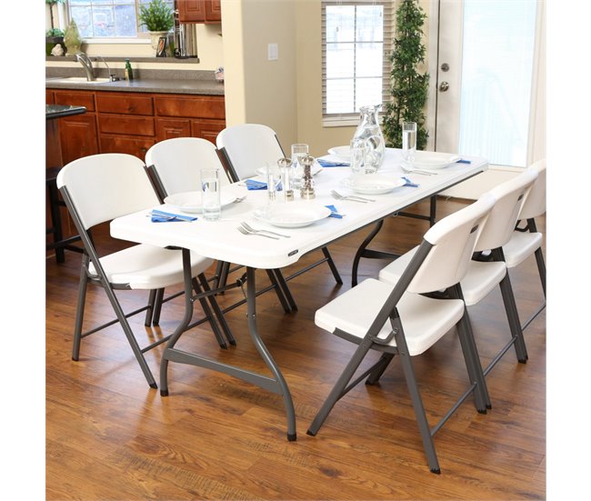 Mesa rectangular patas plegables blanco efecto granito LIFETIME 182 x 76 x 73,5 cm Blanco