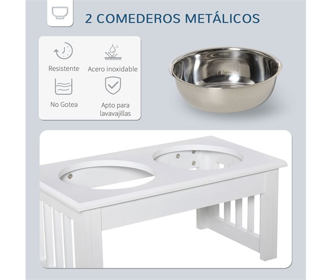 Comedero Elevado para Perros Acero Inoxidable, MDF PawHut Blanco