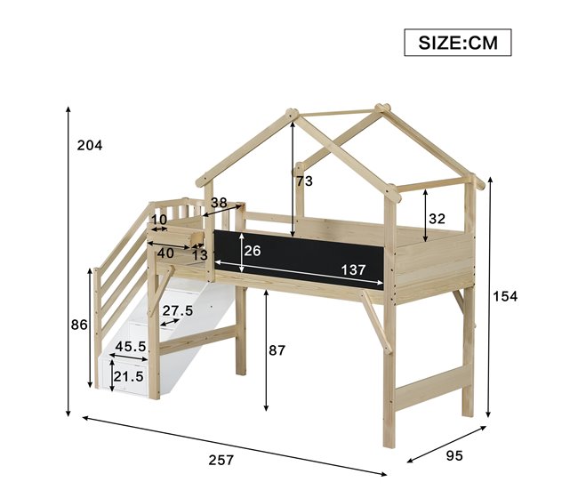 Cama alta cabaña infantil de madera de pino Natural/ Blanco