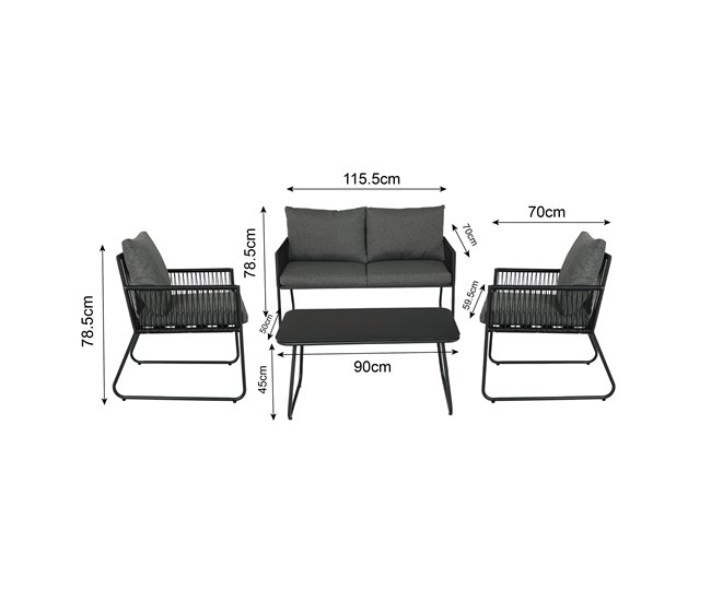 Set jardín con sofa 2 plazas 2 sillones y mesa de centro KELLY Gris Oscuro