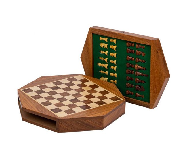 Ajedrez magnético con Cajón para piezas de madera Marron