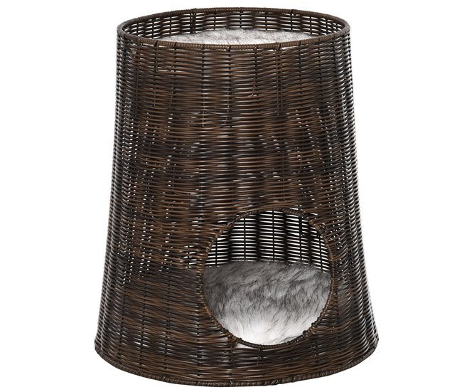 Cesta de Mimbre para Gatos Ratán PE, Metal y Poliéster PawHut Marron