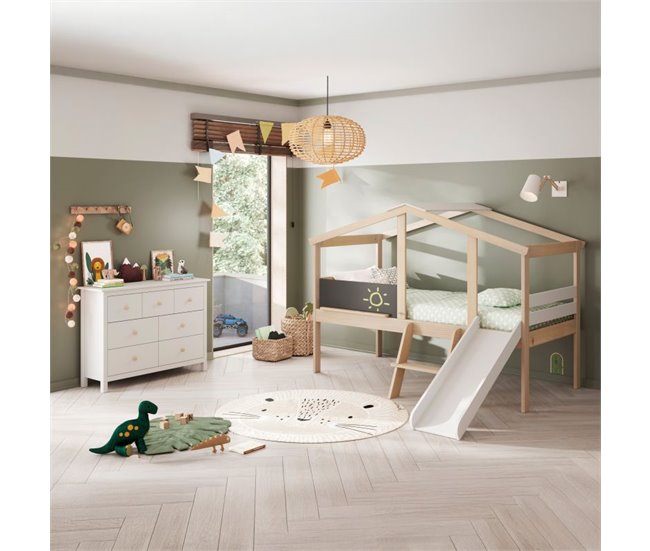 Cama cabaña con tobogán Rushi 204x187 Blanco/ Madera