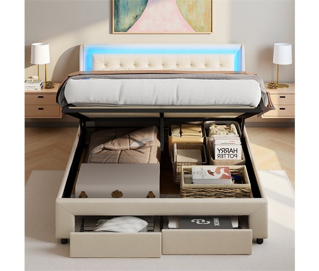 Cama, cajón, LED, USB, bolsa de almacenamiento. 185x203 Beige