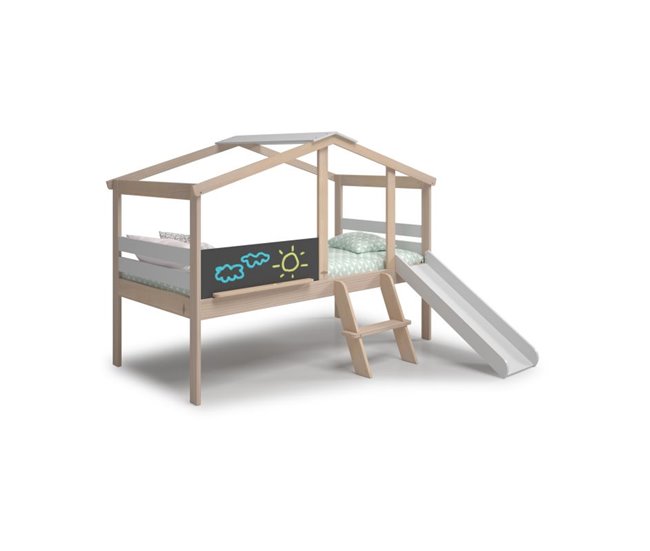 Cama cabaña con tobogán Rushi 204x187 Blanco/ Madera
