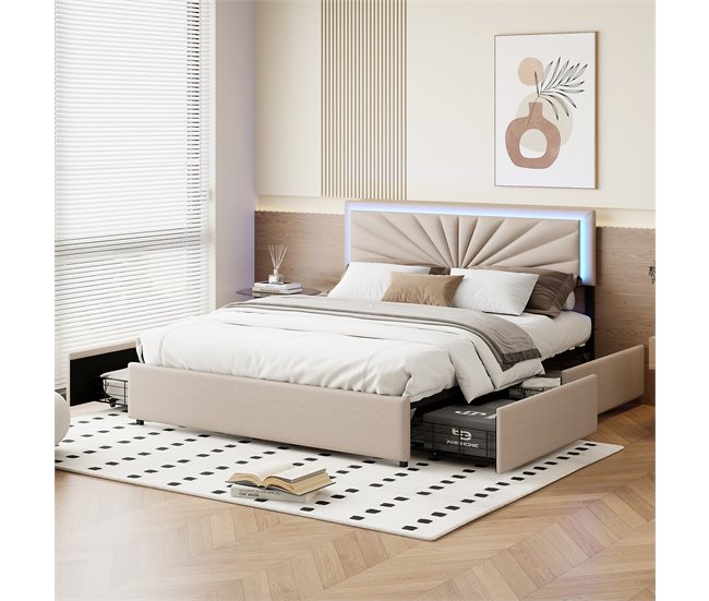 Cama con cabecero LED y 4 cajones de almacenaje Beige