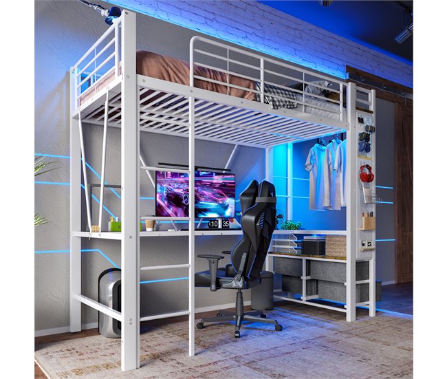 Cama alta para niños 95x227 Blanco/ Madera