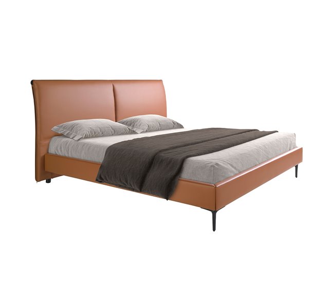 Cama matrimonio tapizada en polipiel Marron