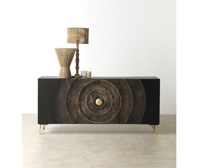 Aparador De Madera De Mango Con 3 Puertas Y Pies De Metal Dorado Negro
