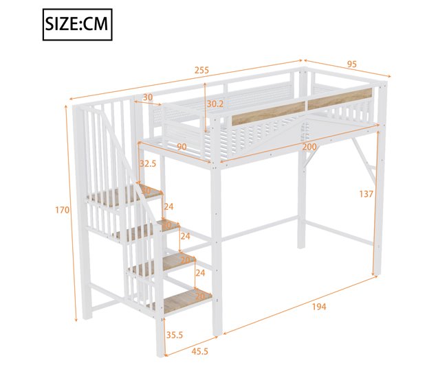 Cama alta para niños 95x255 Blanco