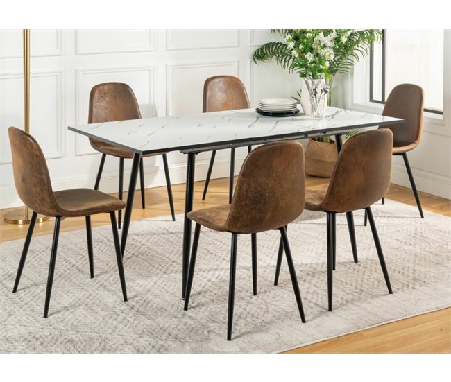 Conjunto de mesa extensible efecto mármol y 6 sillas Marron