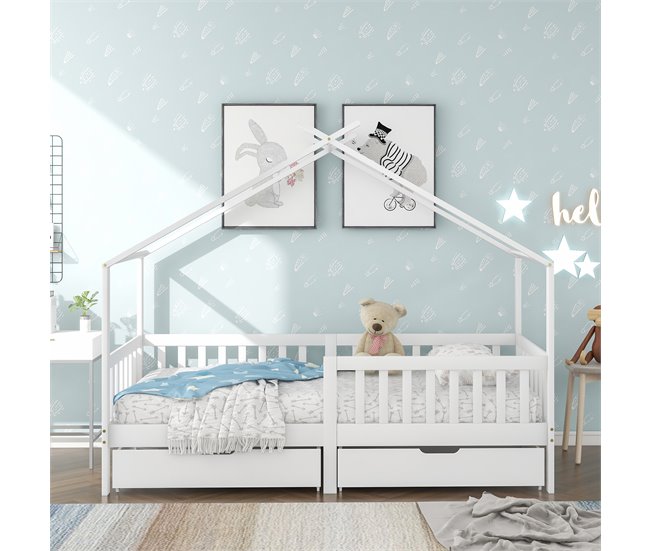 Cama cabaña infantil de madera maciza con 2 cajónes Blanco