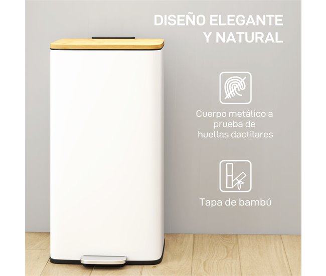 Cubo de Basura Metal, Bambú HOMCOM, hogar - cocina Blanco