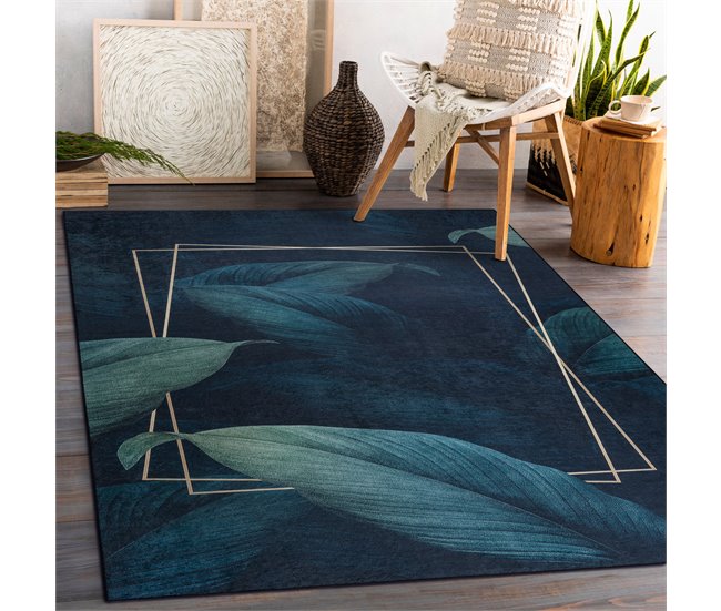 Alfombra lavable ANDRE 1170 Hojas Geométrico 80x150 Azul Marino