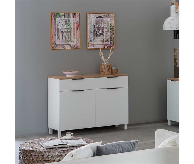 Aparador de madera de 2 cajones y 2 puertas Blanco