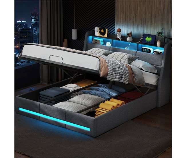 Cama, USB, Cama juvenil, LED Gris