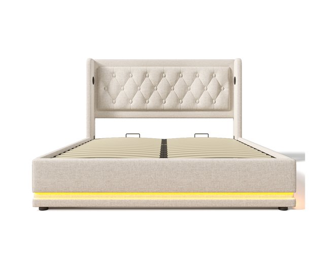 Cama de matrimonio de algodón con almacenaje 150x210 Beige