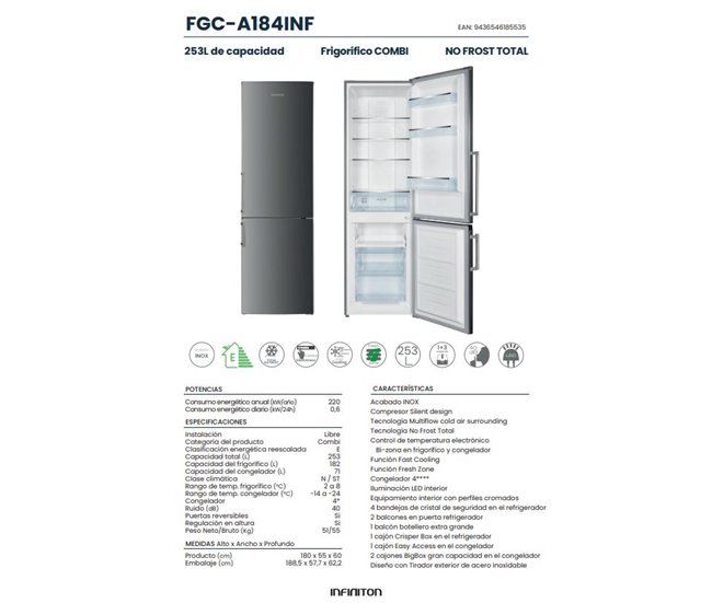 Frigorifico Combi Infiniton FGC-A184INF, 253 Litros Inox