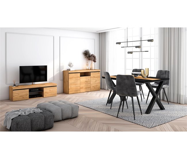 Conjunto Muebles de Salón, Mesa, Aparador, Mueble TV Roble