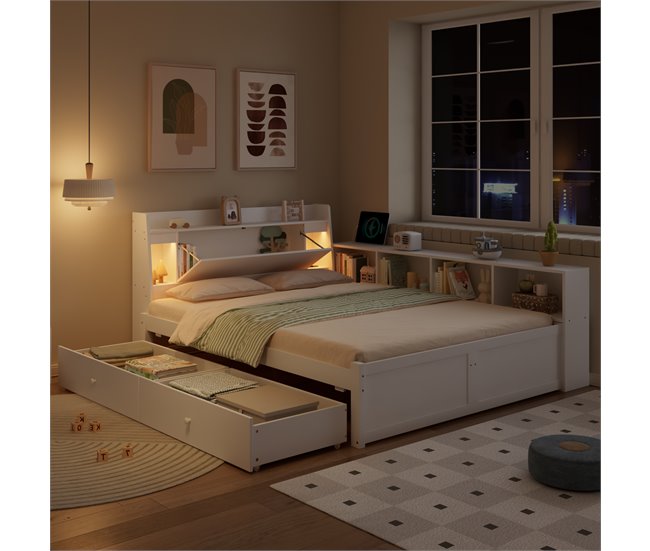 Cama juvenile de madera de pino con 2 cajónes 163x220 Blanco