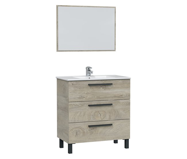 Mueble baño Alise 3 cajones, espejo y lavabo, Alaska Madera