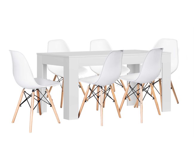 Mesa Extensible de Comedor o Cocina + 6 Sillas Estilo Nordico 178x80 Blanco