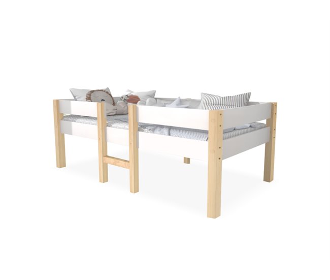 Cama alta infantil de madera de pino 198x97 Blanco/ Madera