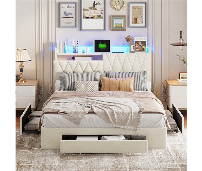 Cama LED RGB, USB, cajones almacenaje Beige