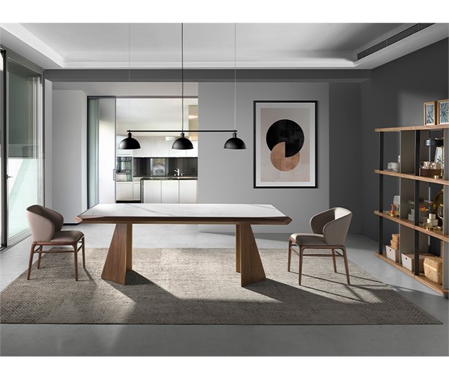 ANGEL CERDA Mesa comedor rectangular mármol porcelánico y nogal 220x110 Nogal