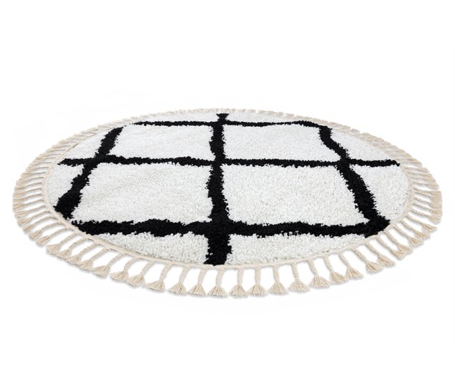 Alfombra BERBER CROSS Franjas Bereber Marroquí Shaggy 160x160 Blanco/ Gris