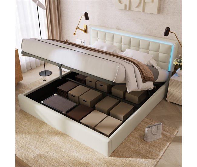 Cama de matrimonio de pu con almacenaje 145x203 Blanco