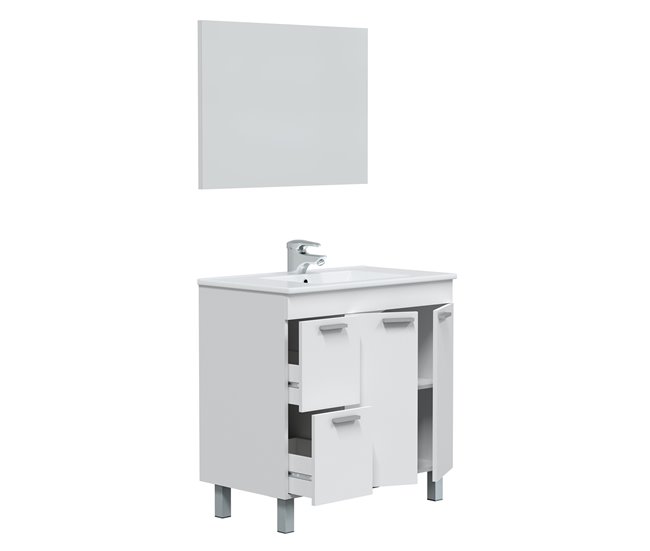 Mueble baño Adam 2 puertas 2 cajones, espejo y lavabo, Blanco brillo Blanco