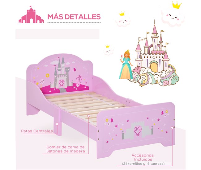 Cama Infantil MDF, Madera de Álamo HOMCOM Rosa
