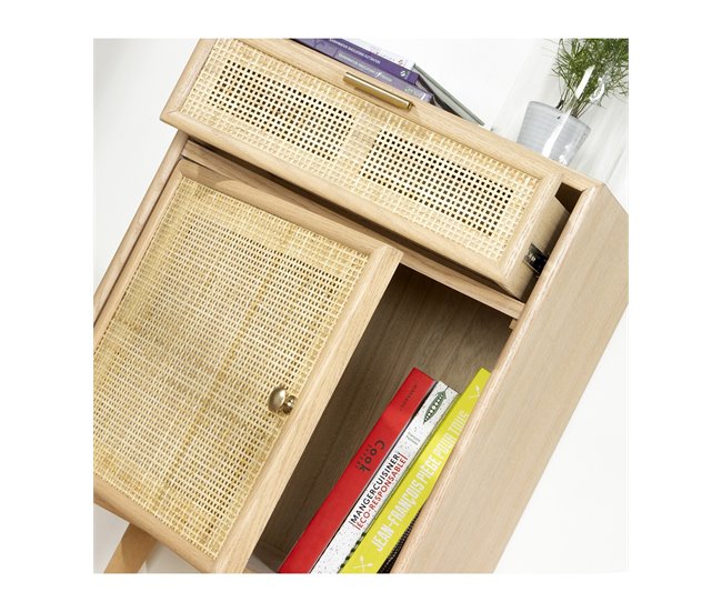 Mesita de noche con rejilla de ratán natural Madera